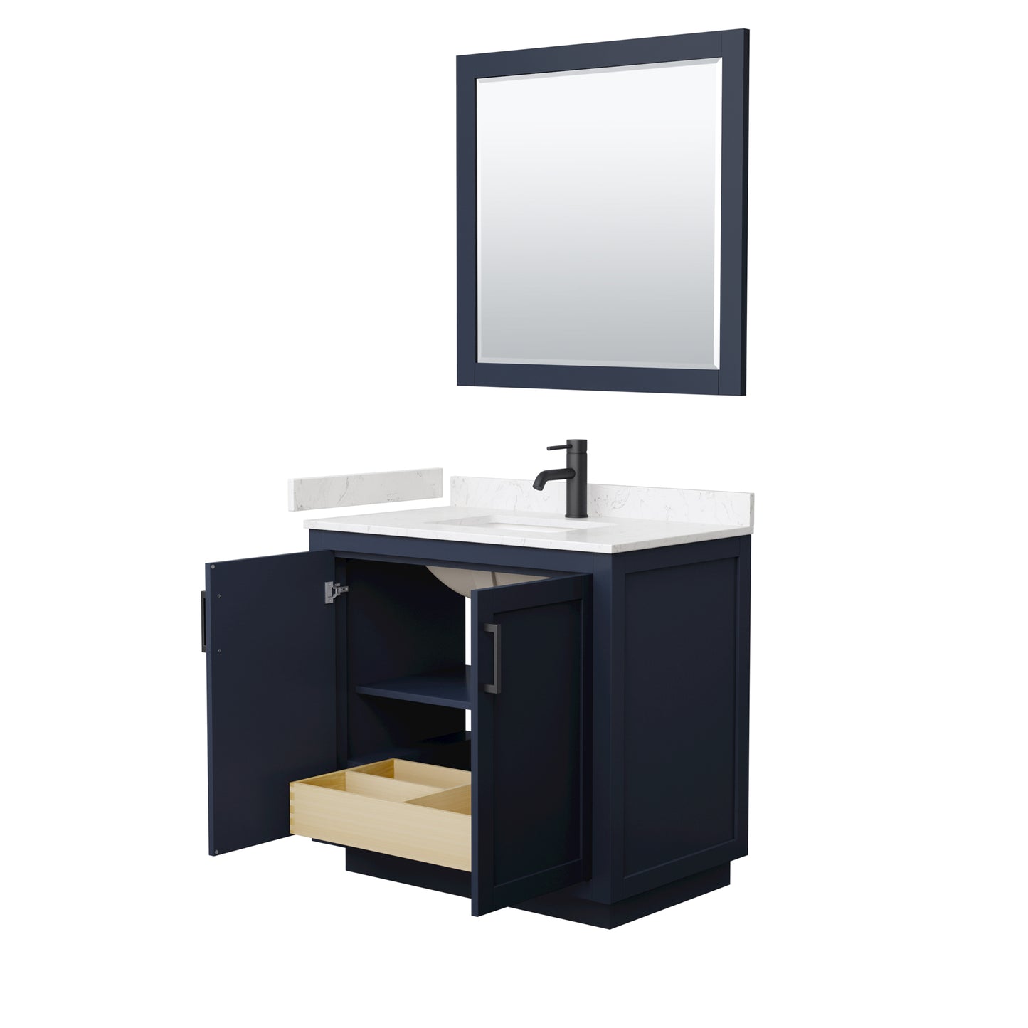 Miranda 36" Dark Blue Single Vanity, Carrara Marble Top, Black Trim, 34" Mirror