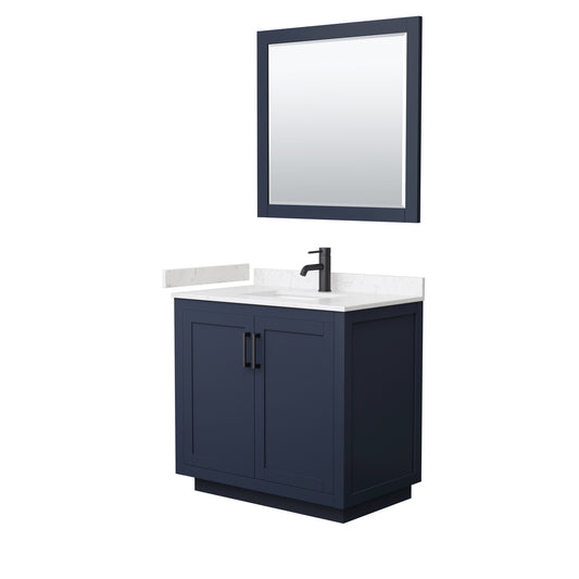 Miranda 36" Dark Blue Single Vanity, Carrara Marble Top, Black Trim, 34" Mirror