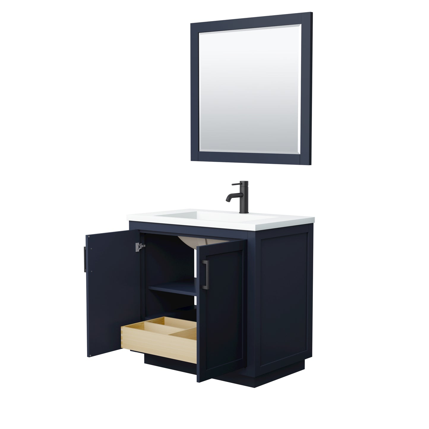 Miranda 36" Dark Blue Single Vanity, 1.25" White Top,  Black Trim, 34" Mirror