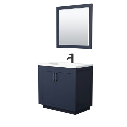 Miranda 36" Dark Blue Single Vanity, 1.25" White Top,  Black Trim, 34" Mirror