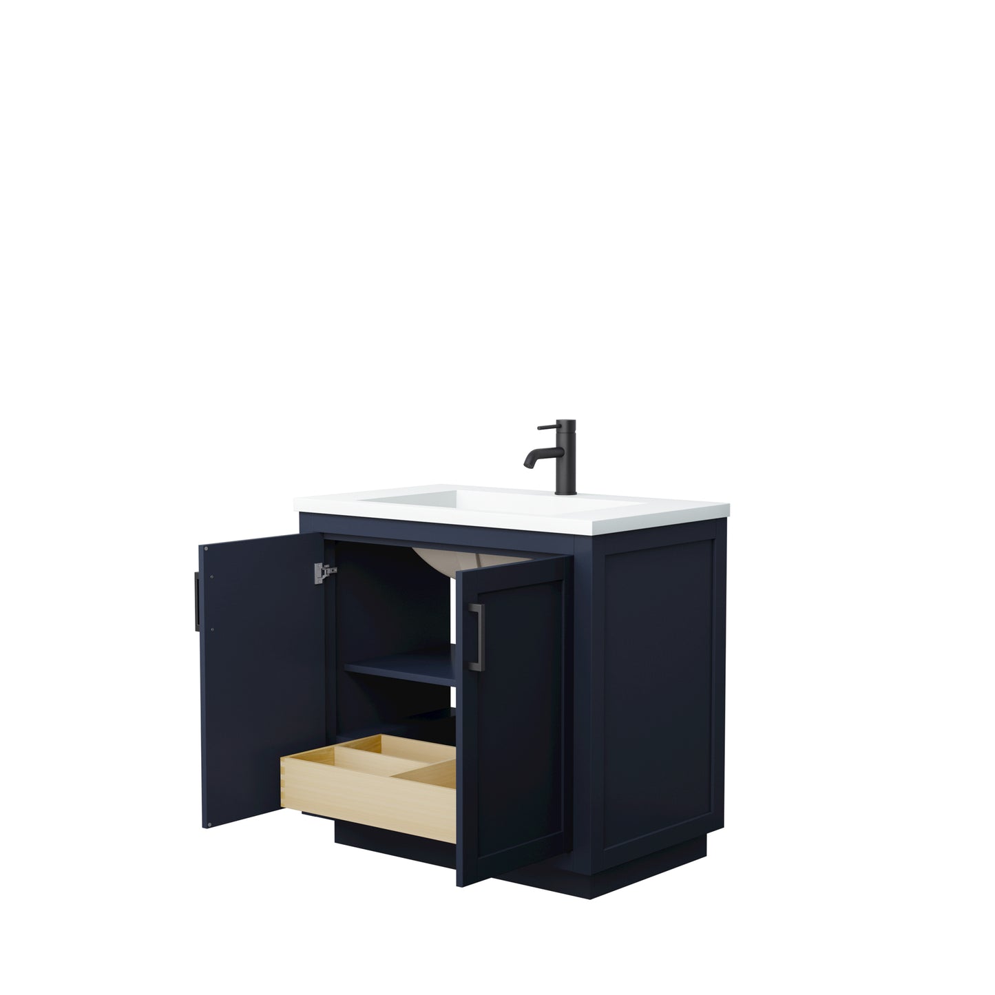 Miranda 36" Single Vanity in Dark Blue, 1.25" White Top, Integrated Black Trim