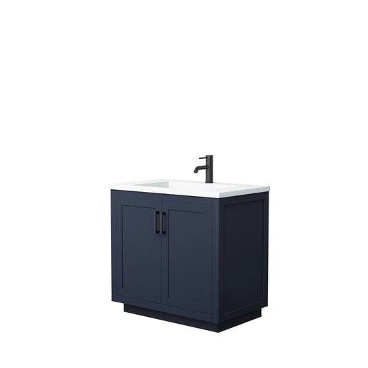 Miranda 36" Single Vanity in Dark Blue, 1.25" White Top, Integrated Black Trim
