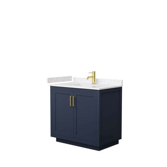 Miranda 36" Single Vanity in Dark Blue, Carrara Cultured Marble Top, Gold Trim