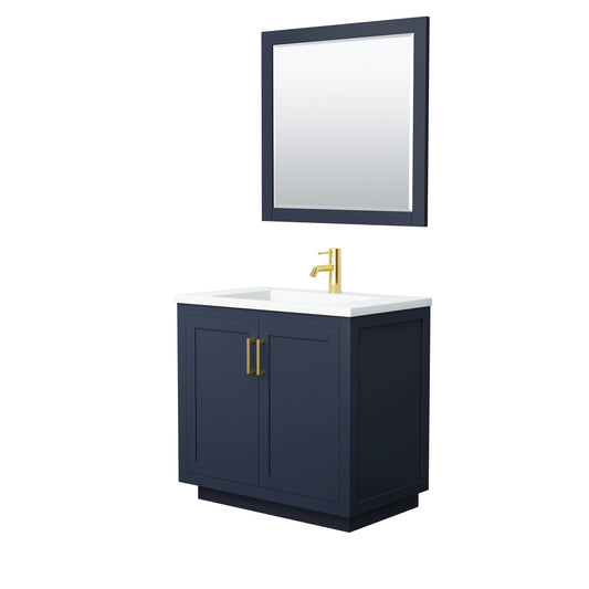 Miranda 36" Dark Blue Single Vanity, 1.25" White Top,  Gold Trim, 34" Mirror