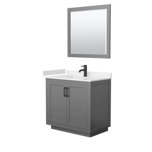 Miranda 36" Dark Gray Single Vanity, Carrara Marble Top, Black Trim, 34" Mirror
