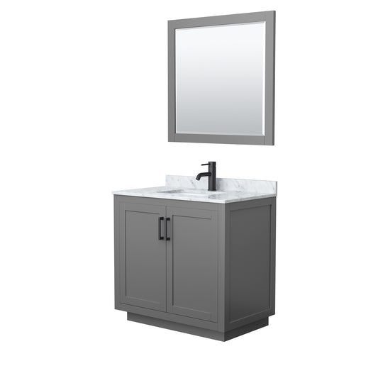 Miranda 36" Single Vanity in Dark Gray, Top, Square Matte Black Trim, 34" Mirror