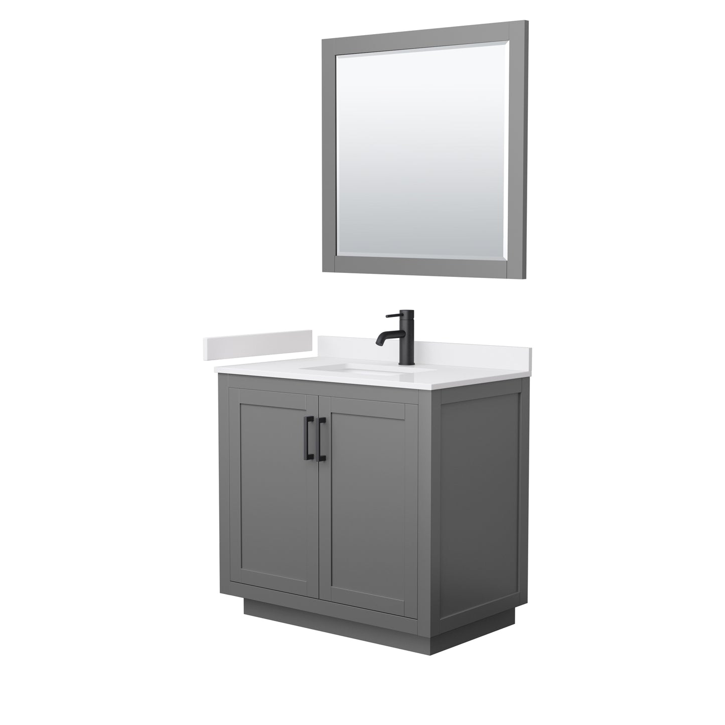 Miranda 36" Single Vanity in Dark Gray, White Marble Top, Black Trim, 34" Mirror
