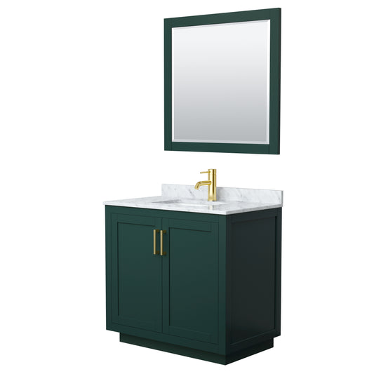 Miranda 36" Single Vanity in Green, Top, Square Brushed Gold Trim, 34" Mirror