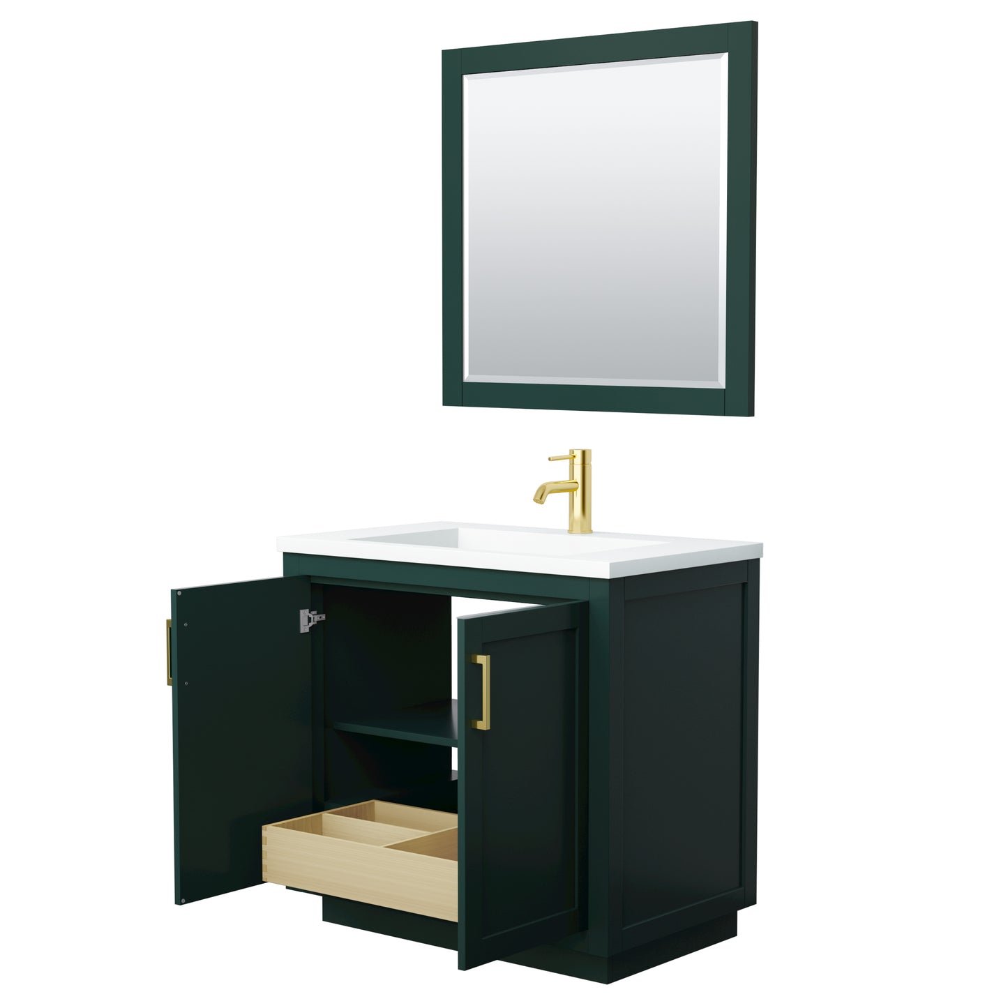 Miranda 36" Single Vanity in Green, 1.25" White Top,  Gold Trim, 34" Mirror