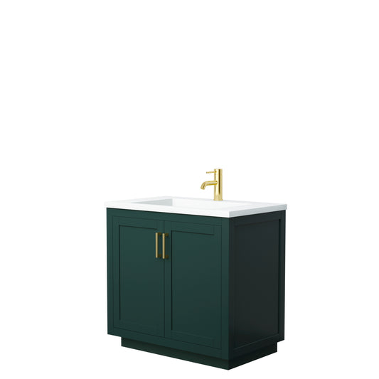 Miranda 36" Single Vanity in Green, 1.25" White Top, Integrated Gold Trim