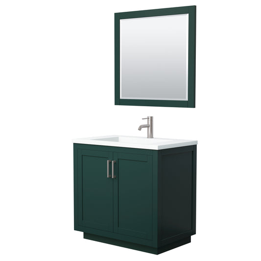 Miranda 36" Single Vanity in Green, 1.25" White Top,  Nickel Trim, 34" Mirror