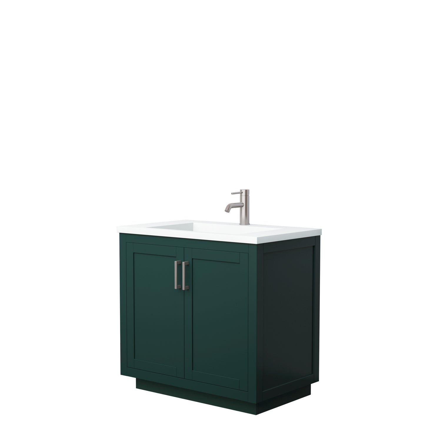 Miranda 36" Single Vanity in Green, 1.25" White Top, Integrated Nickel Trim