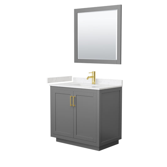 Miranda 36" Dark Gray Single Vanity, Carrara Marble Top, Gold Trim, 34" Mirror