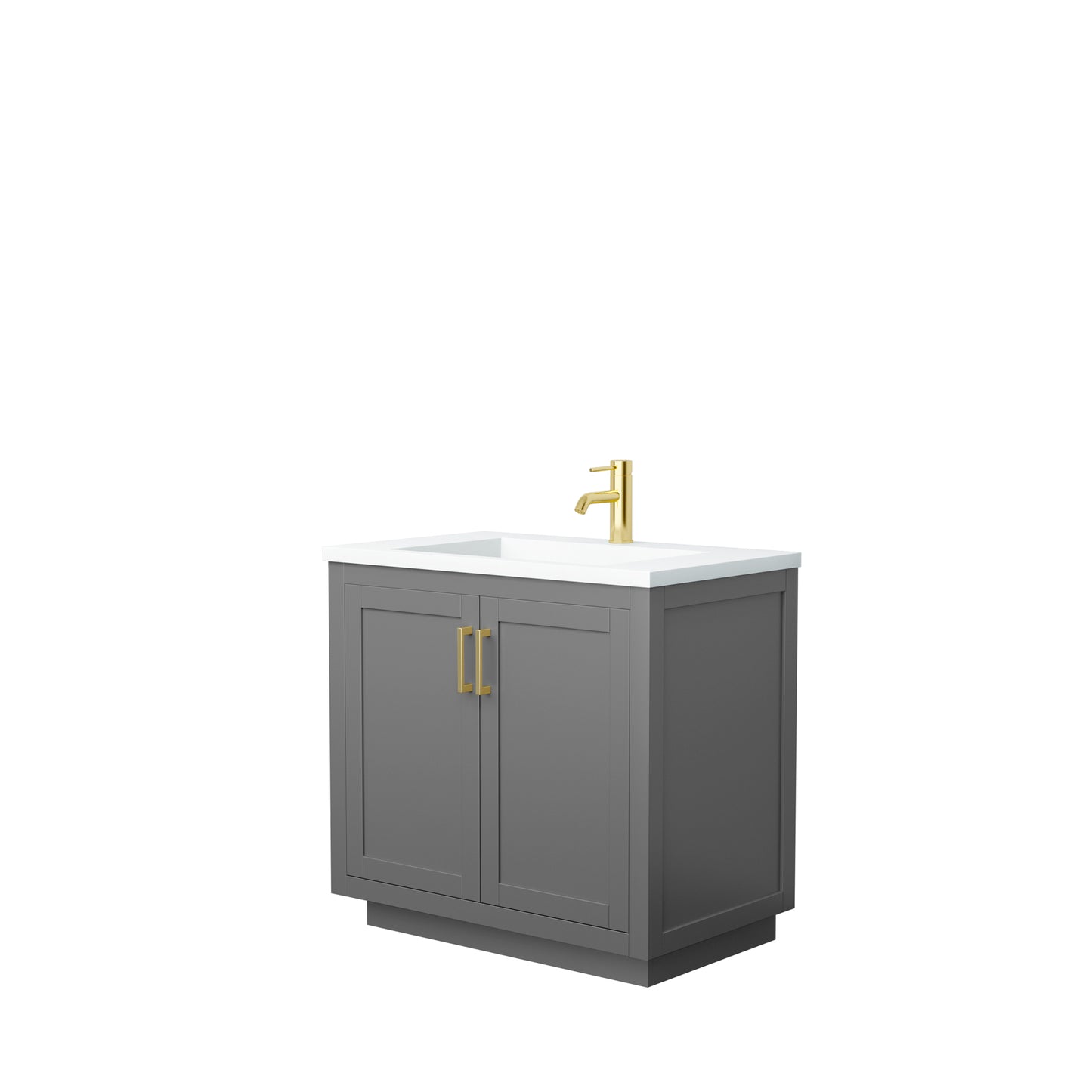 Miranda 36" Dark Gray Single Vanity, 1.25" White Top, Integrated Gold Trim