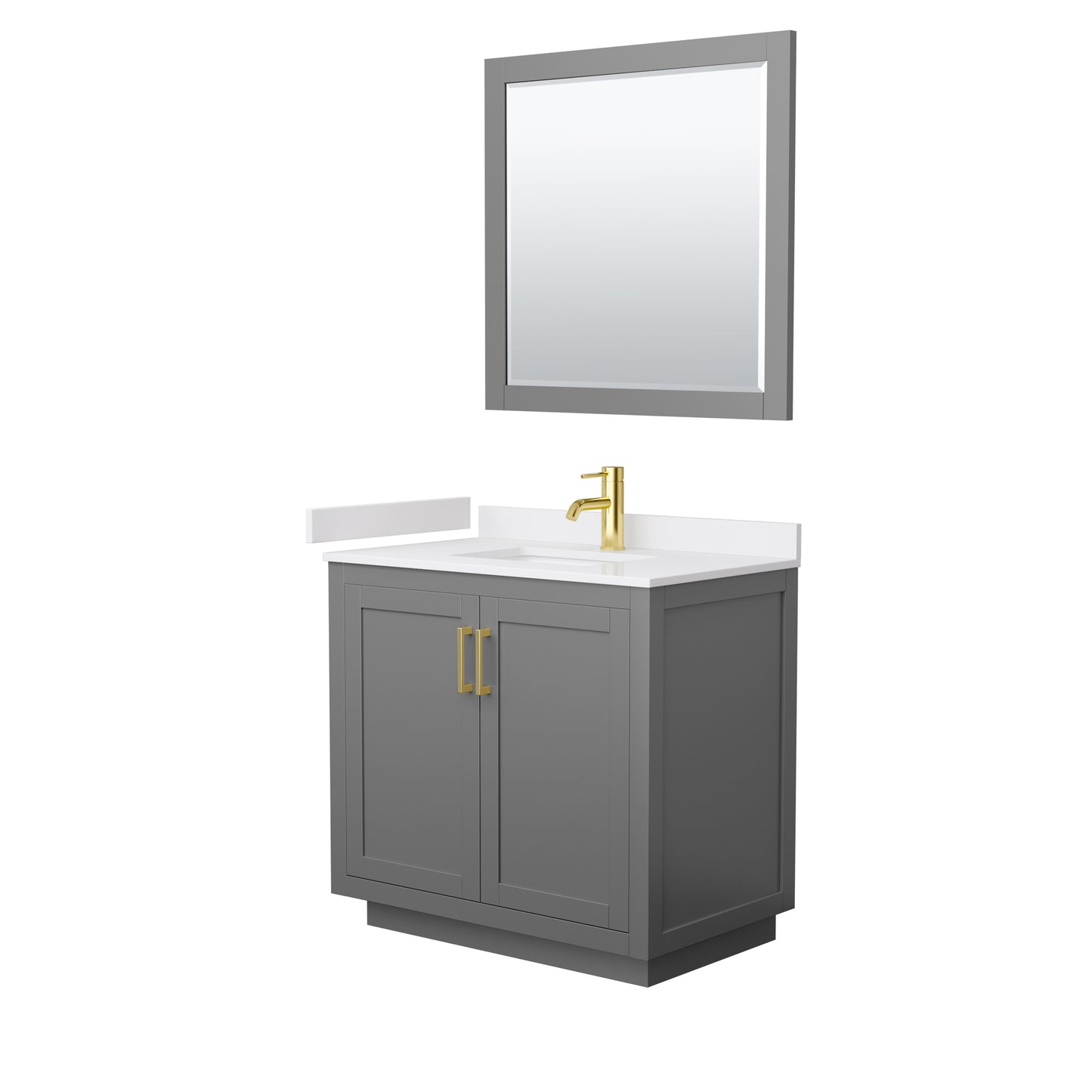 Miranda 36" Single Vanity in Dark Gray, White Marble Top, Gold Trim, 34" Mirror