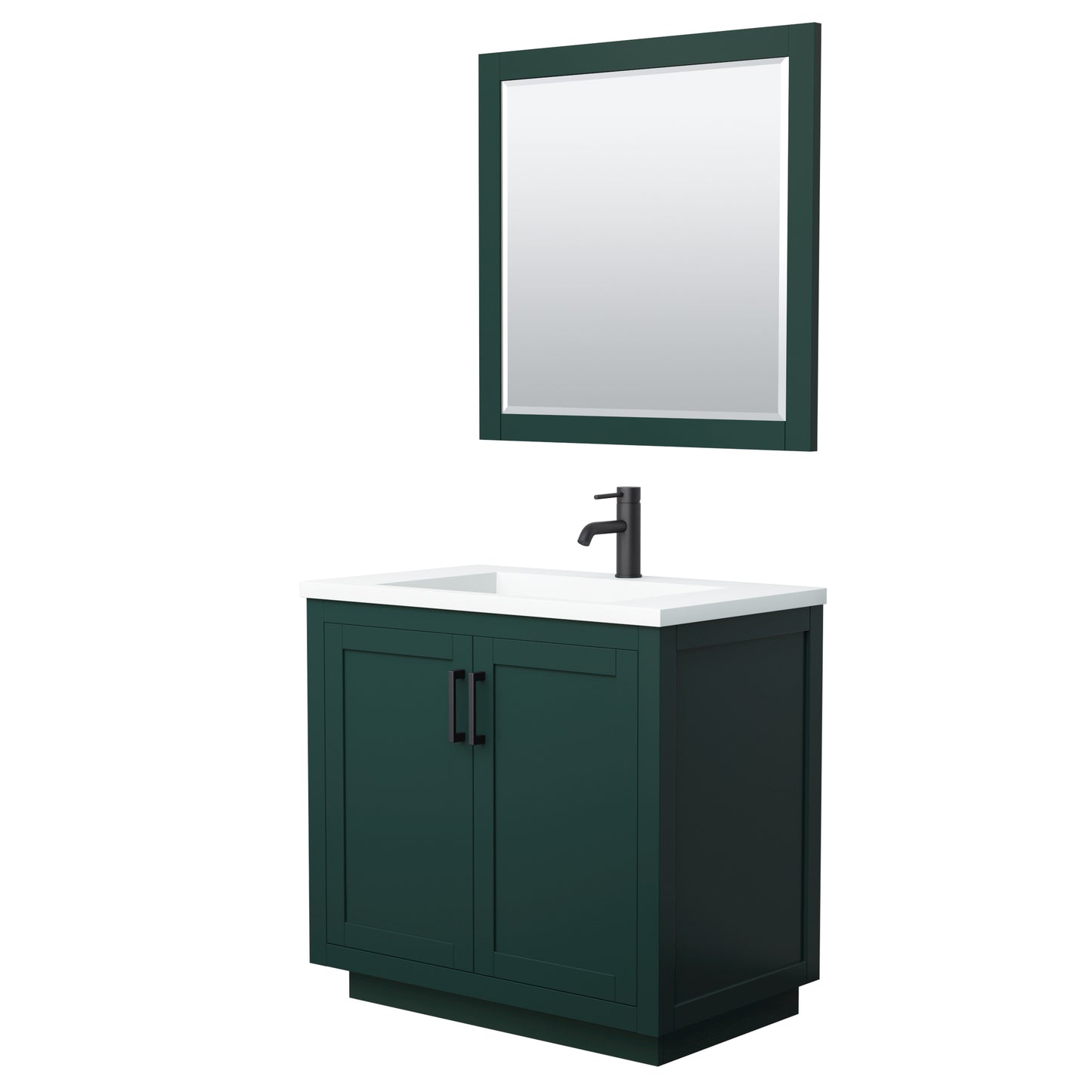Miranda 36" Single Vanity in Green, 1.25" White Top,  Black Trim, 34" Mirror
