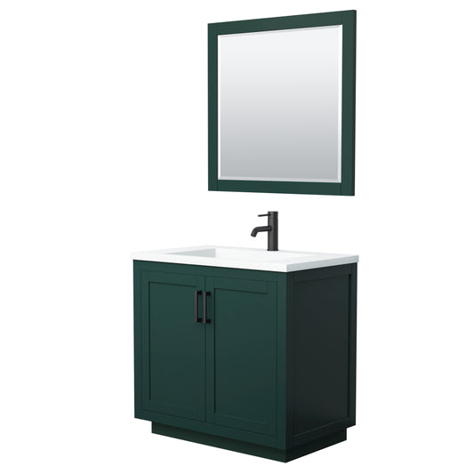Miranda 36" Single Vanity in Green, 1.25" White Top,  Black Trim, 34" Mirror