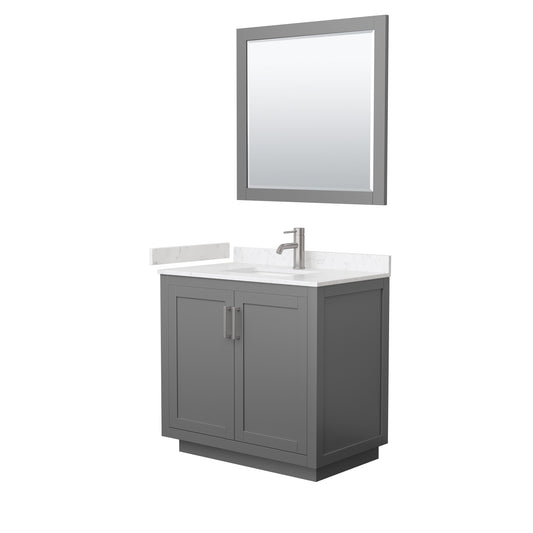 Miranda 36" Dark Gray Single Vanity, Carrara Marble Top, Nickel Trim, 34" Mirror