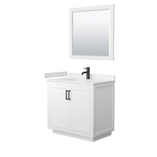 Miranda 36" Single Vanity in White, Carrara Marble Top, Black Trim, 34" Mirror