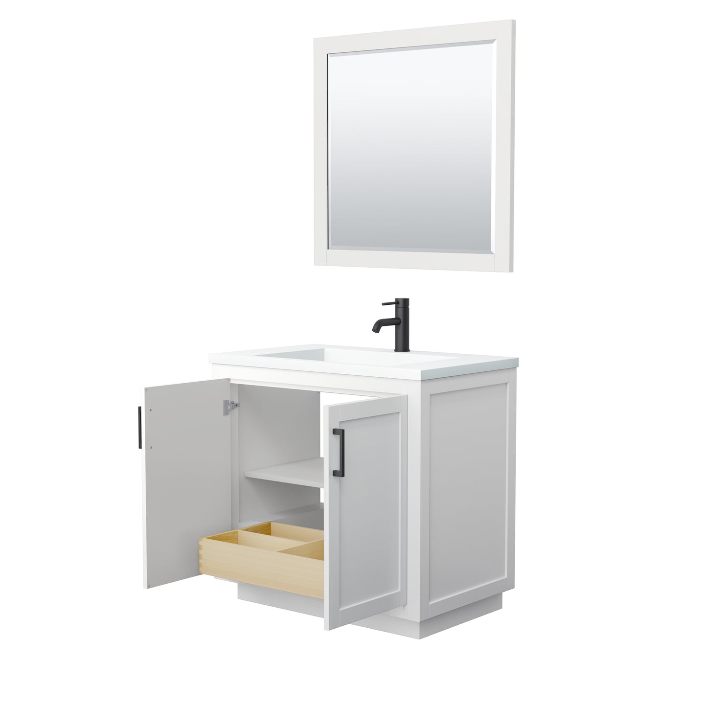 Miranda 36" White Single Vanity, 1.25" White Top,  Black Trim, 34" Mirror