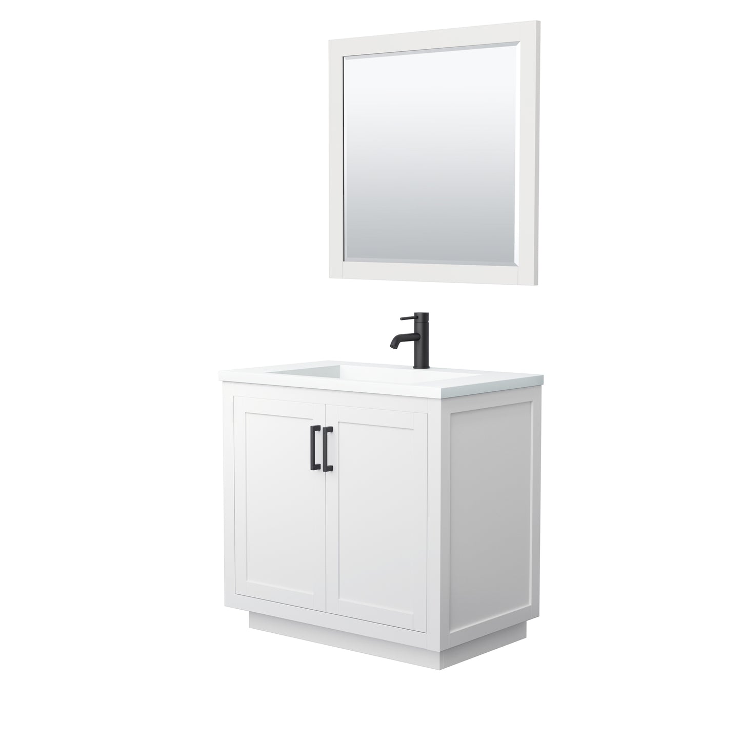 Miranda 36" White Single Vanity, 1.25" White Top,  Black Trim, 34" Mirror