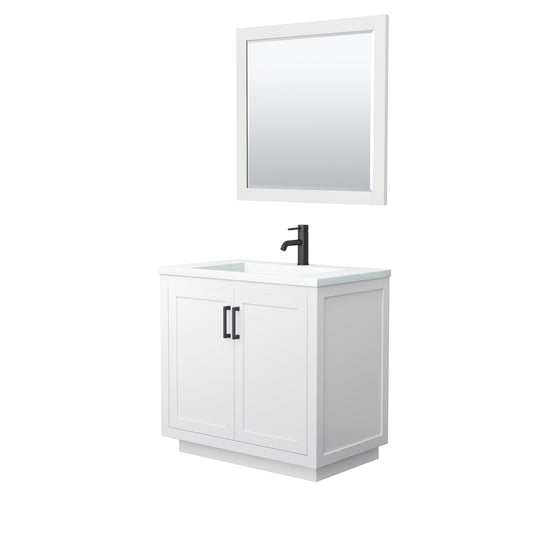 Miranda 36" White Single Vanity, 1.25" White Top,  Black Trim, 34" Mirror