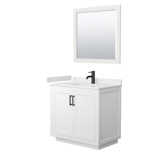 Miranda 36" Single Vanity in White, White Marble Top, Black Trim, 34" Mirror
