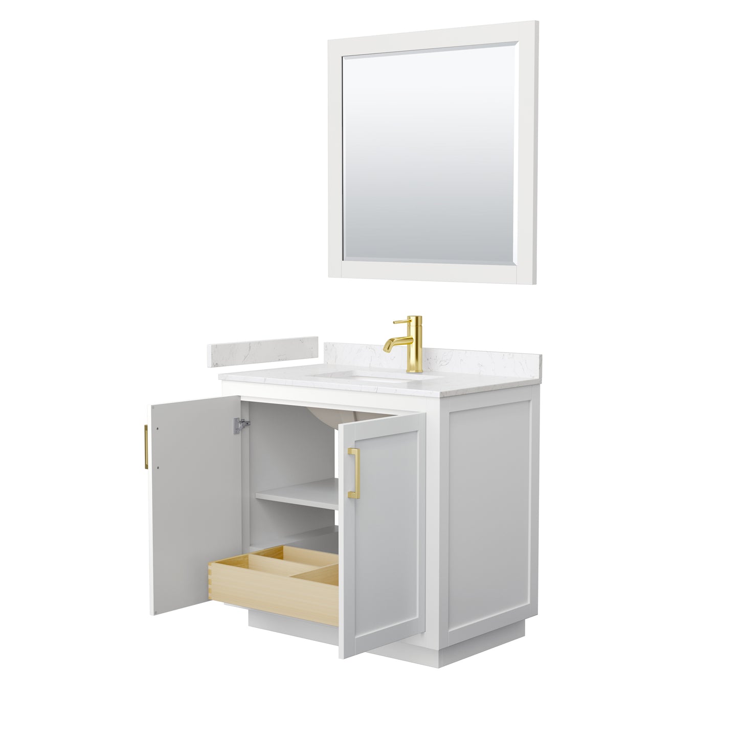Miranda 36" Single Vanity in White, Carrara Marble Top, Gold Trim, 34" Mirror