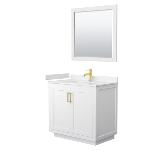 Miranda 36" Single Vanity in White, Carrara Marble Top, Gold Trim, 34" Mirror