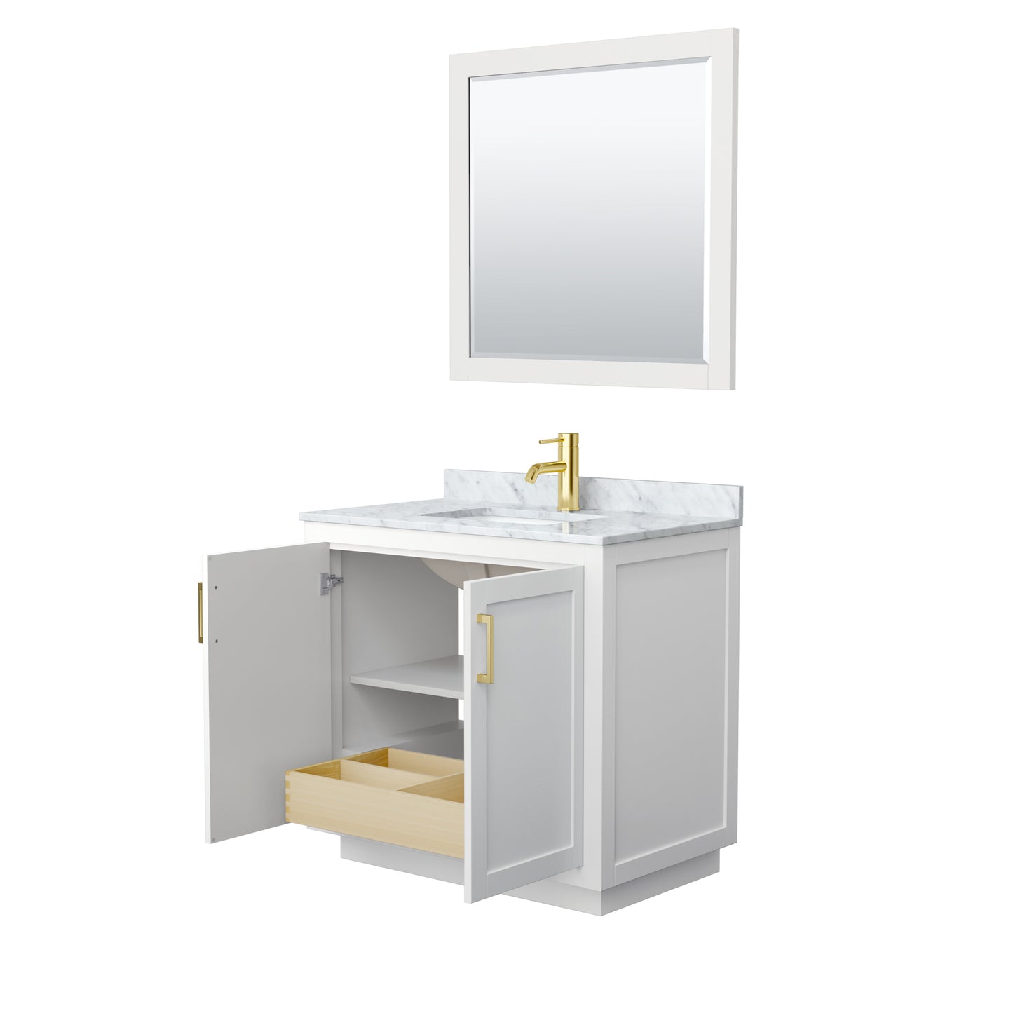Miranda 36" Single Vanity in White, Top, Square Brushed Gold Trim, 34" Mirror