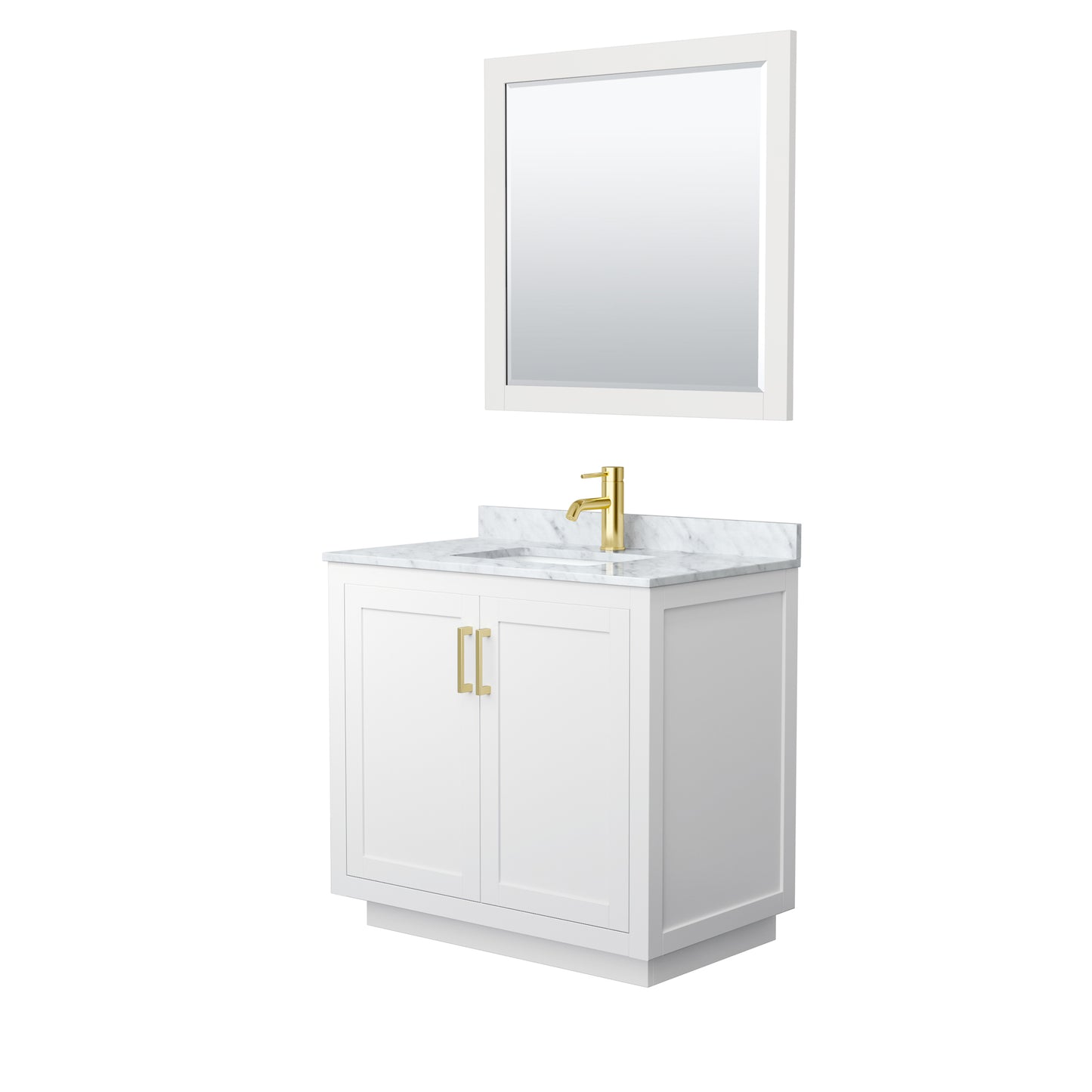 Miranda 36" Single Vanity in White, Top, Square Brushed Gold Trim, 34" Mirror