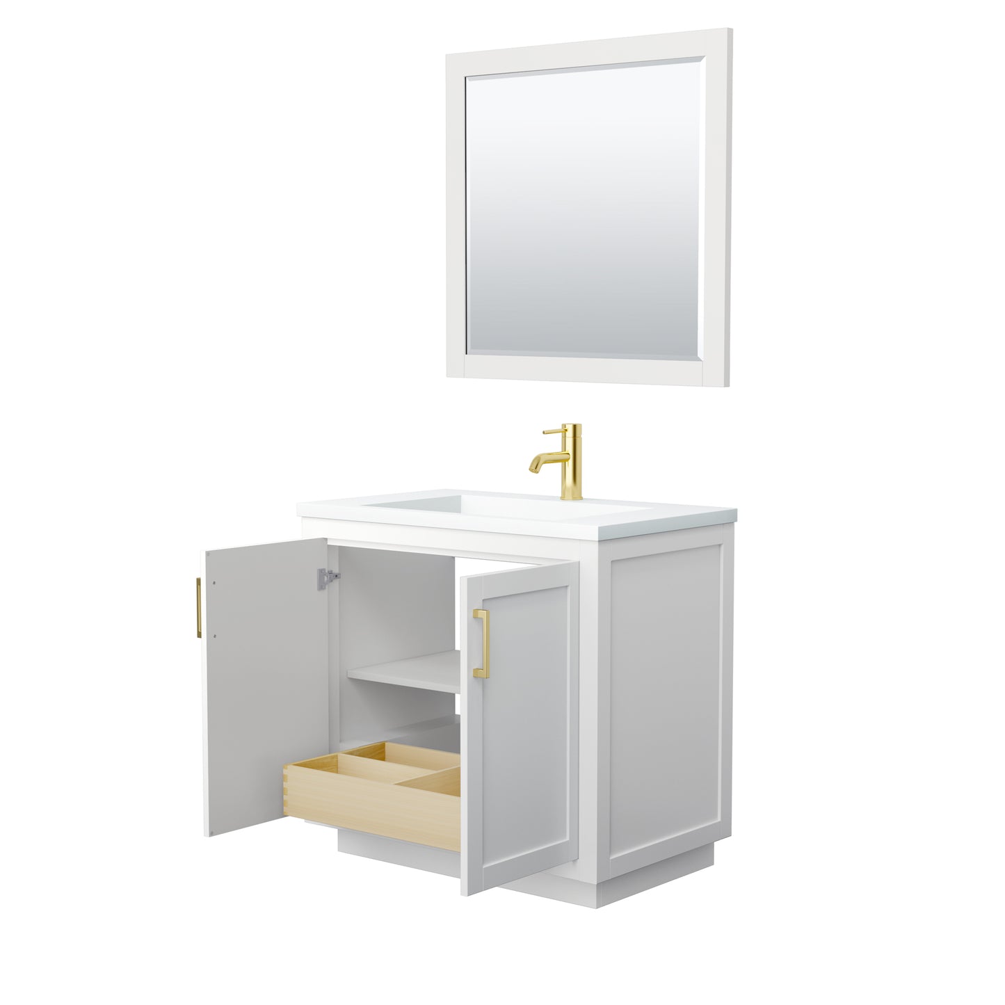 Miranda 36" White Single Vanity, 1.25" White Top,  Gold Trim, 34" Mirror