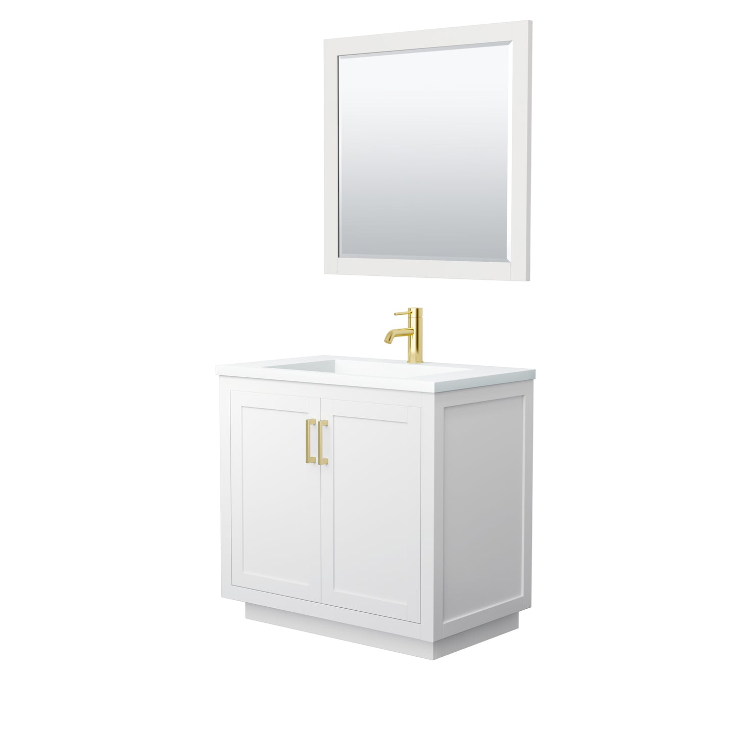 Miranda 36" White Single Vanity, 1.25" White Top,  Gold Trim, 34" Mirror