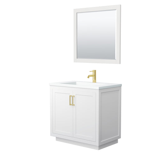 Miranda 36" White Single Vanity, 1.25" White Top,  Gold Trim, 34" Mirror