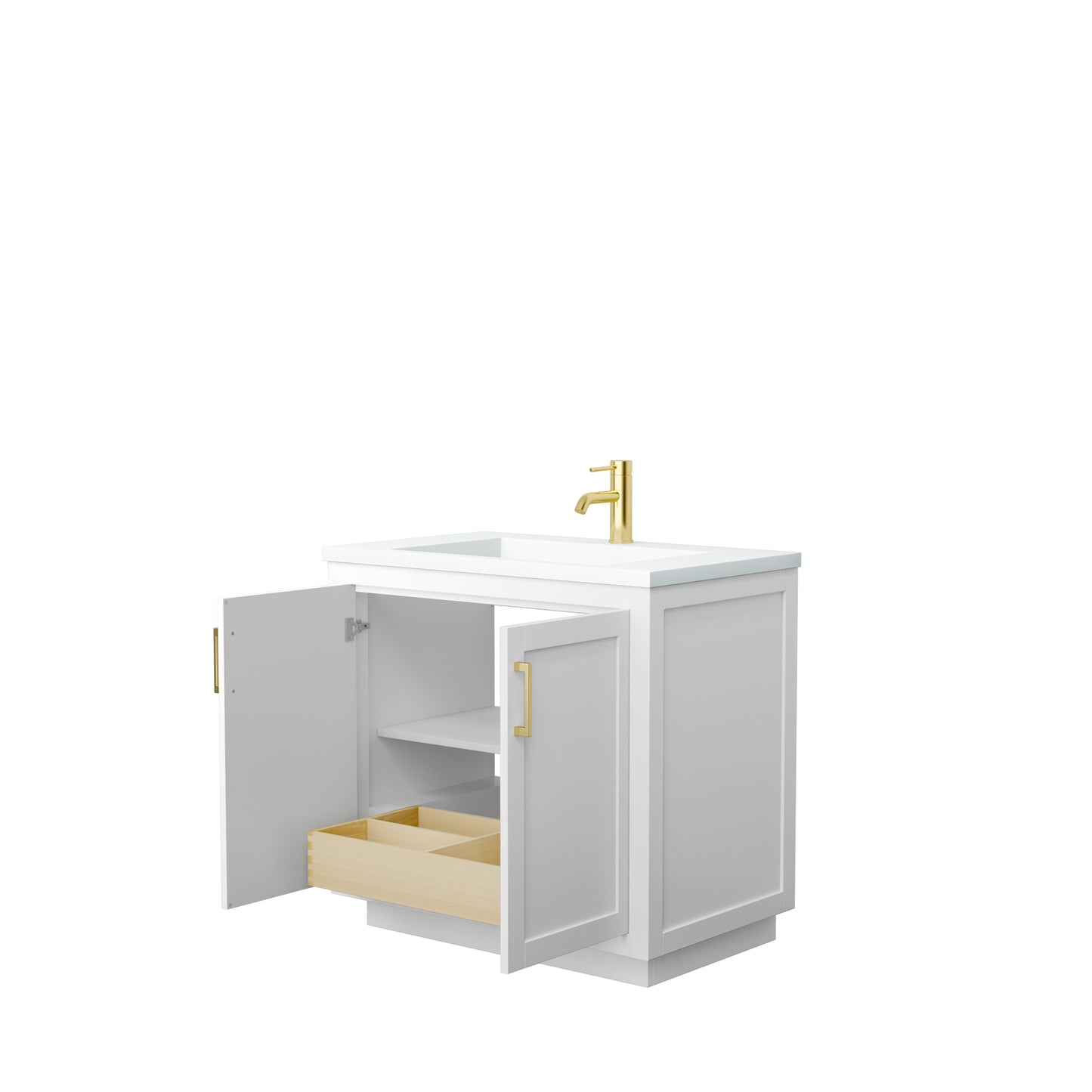 Miranda 36" White Single Vanity, 1.25" White Top, Integrated Brushed Gold Trim
