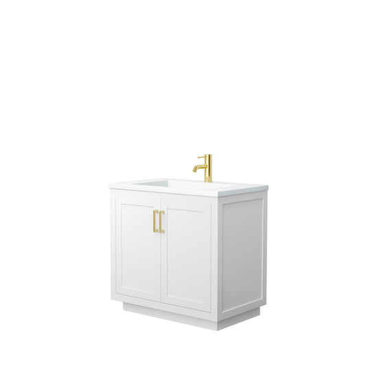 Miranda 36" White Single Vanity, 1.25" White Top, Integrated Brushed Gold Trim