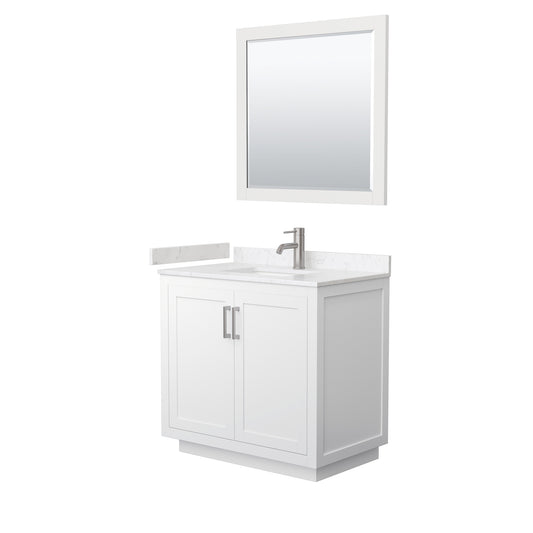 Miranda 36" Single Vanity in White, Carrara Marble Top, Nickel Trim, 34" Mirror