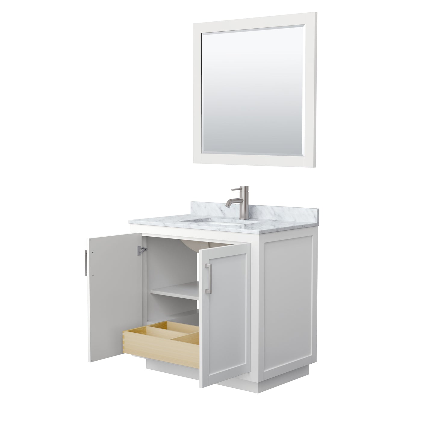 Miranda 36" Single Vanity in White, Top, Square Brushed Nickel Trim, 34" Mirror