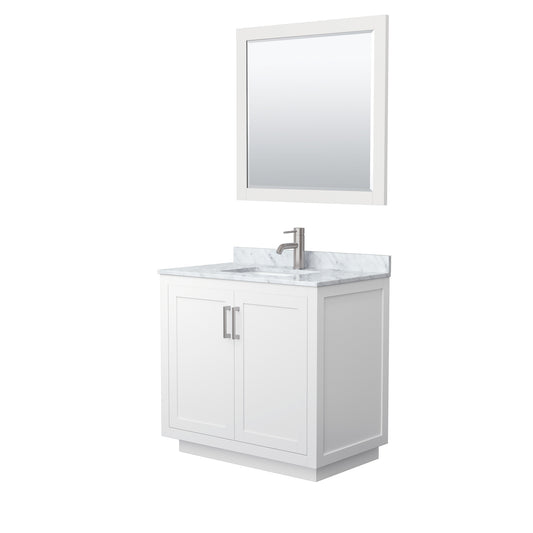 Miranda 36" Single Vanity in White, Top, Square Brushed Nickel Trim, 34" Mirror
