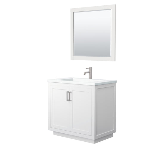 Miranda 36" White Single Vanity, 1.25" White Top,  Nickel Trim, 34" Mirror