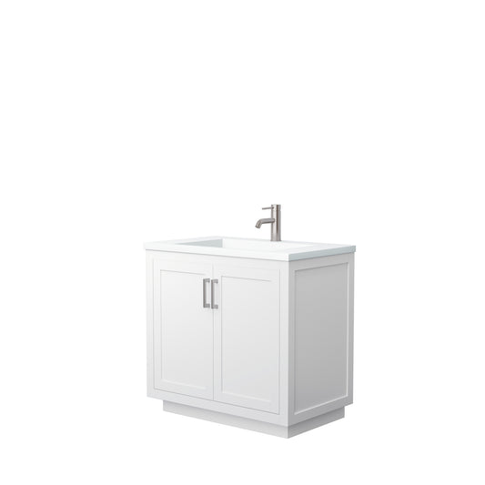 Miranda 36" White Single Vanity, 1.25" White Top, Integrated Brushed Nickel Trim