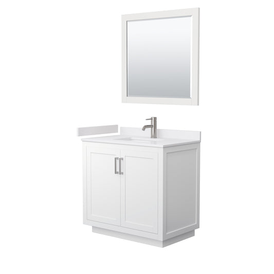 Miranda 36" Single Vanity in White, White Marble Top, Nickel Trim, 34" Mirror