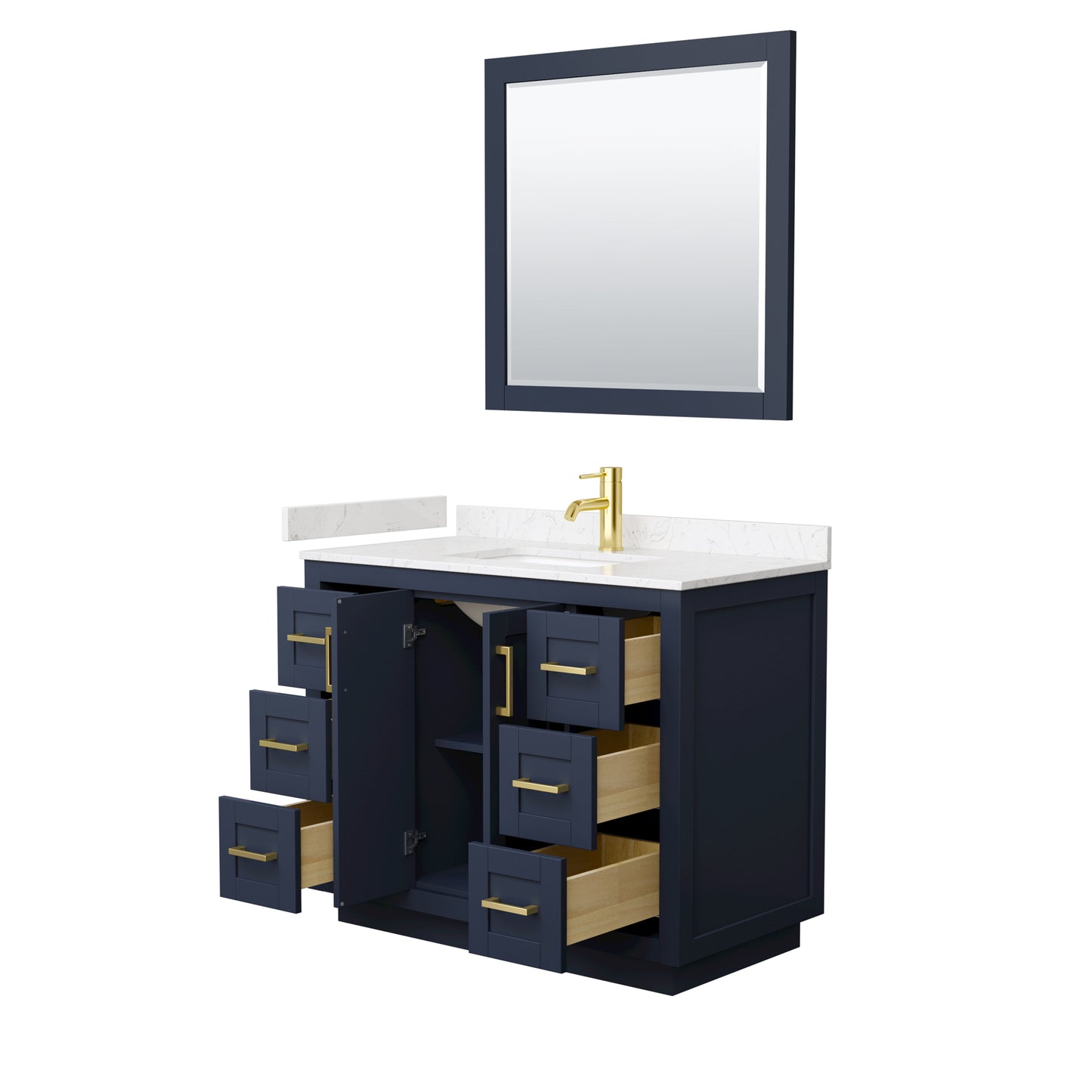 Miranda 42" Dark Blue Single Vanity, Carrara Marble Top, Gold Trim, 34" Mirror
