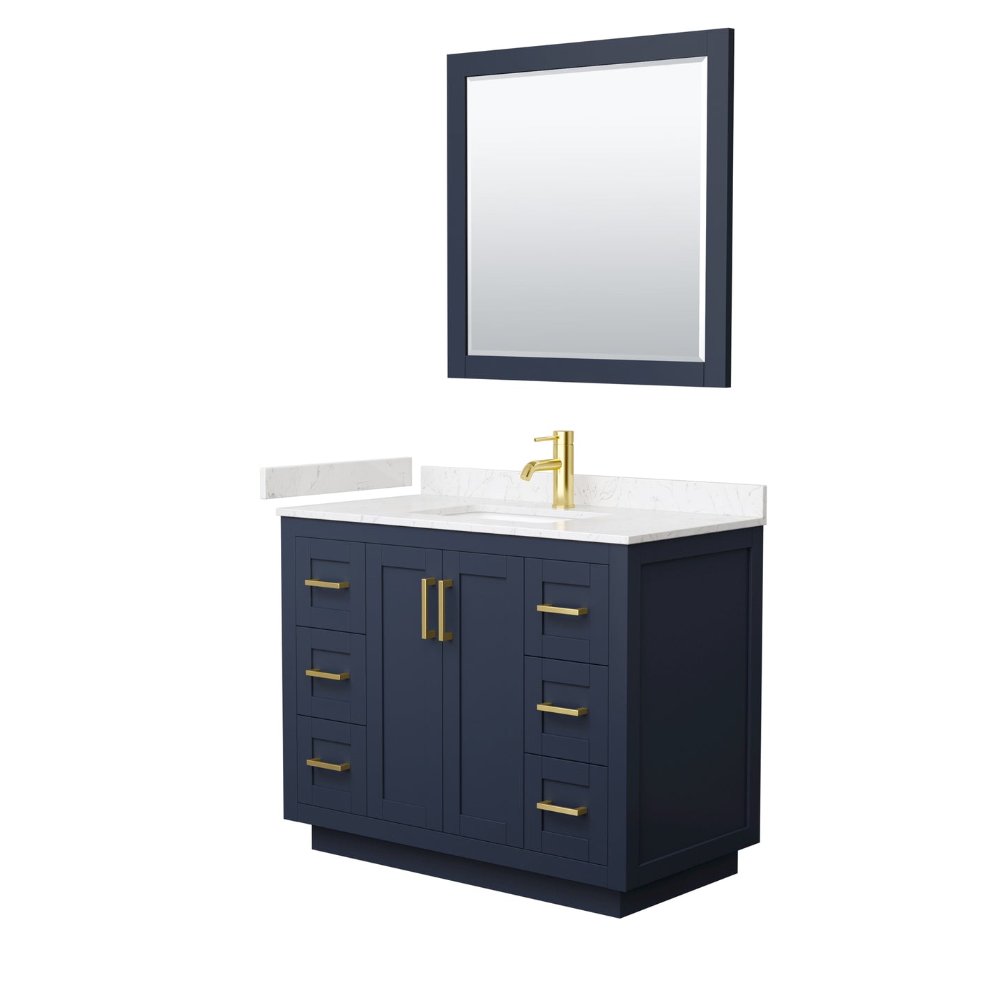 Miranda 42" Dark Blue Single Vanity, Carrara Marble Top, Gold Trim, 34" Mirror