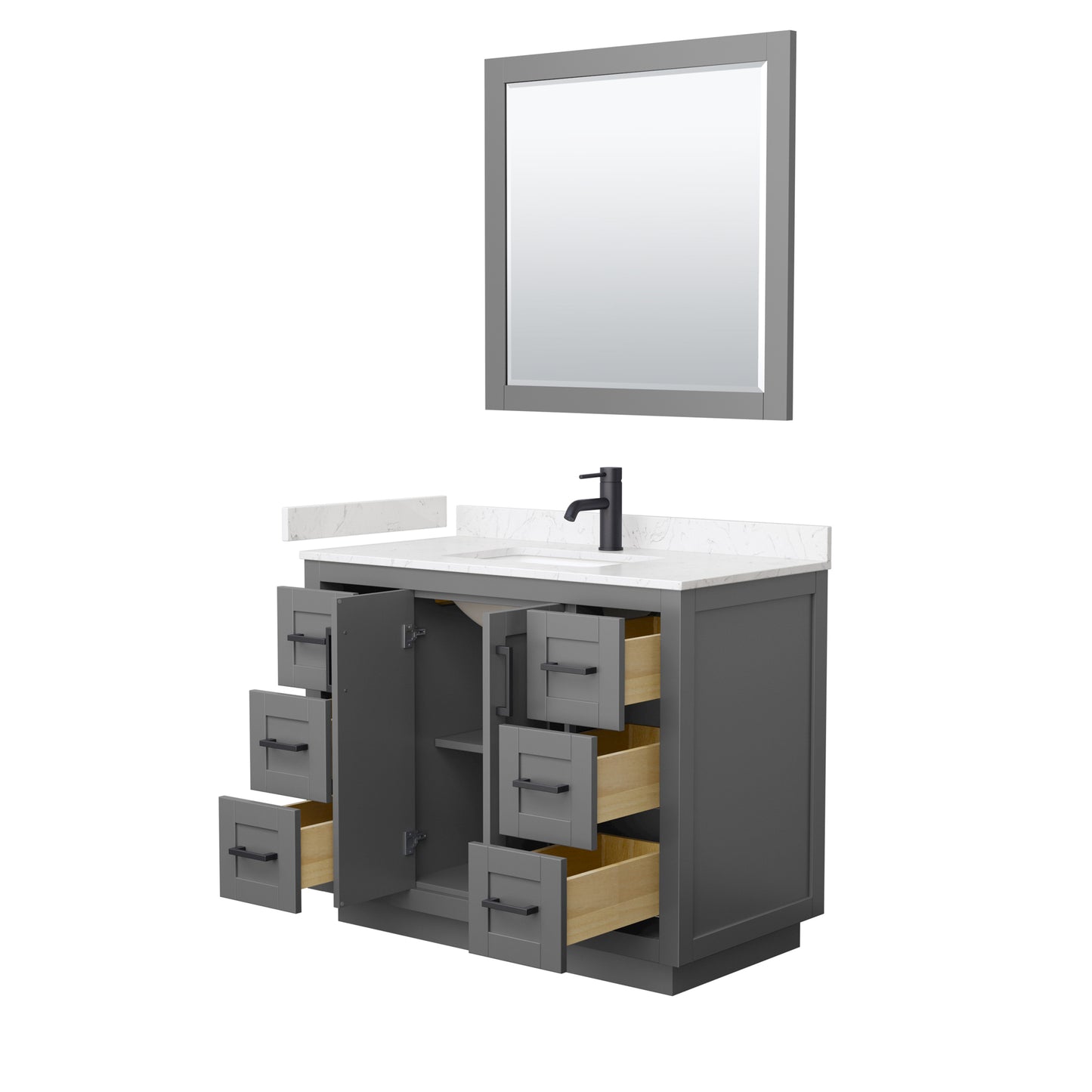 Miranda 42" Dark Gray Single Vanity, Carrara Marble Top, Black Trim, 34" Mirror