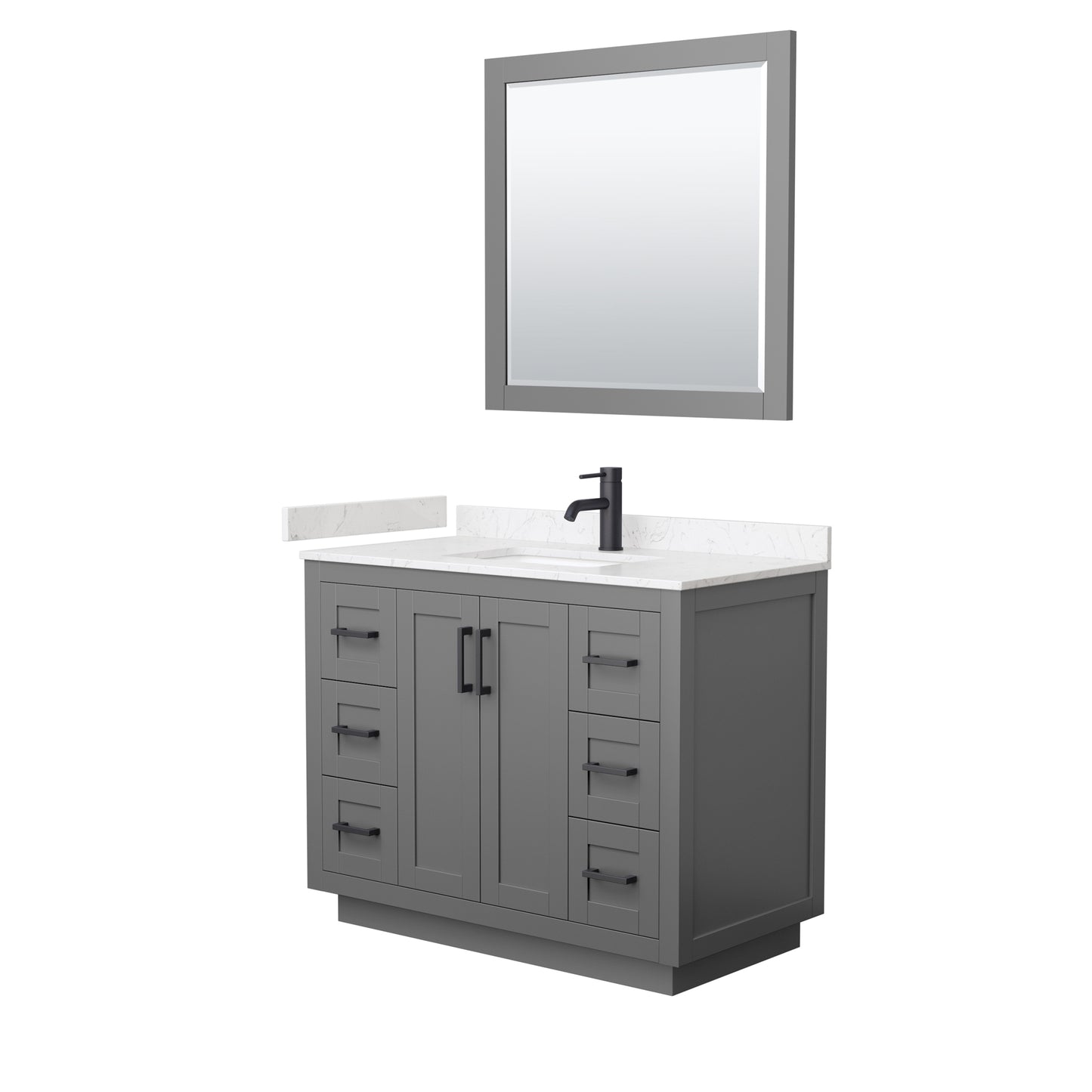 Miranda 42" Dark Gray Single Vanity, Carrara Marble Top, Black Trim, 34" Mirror