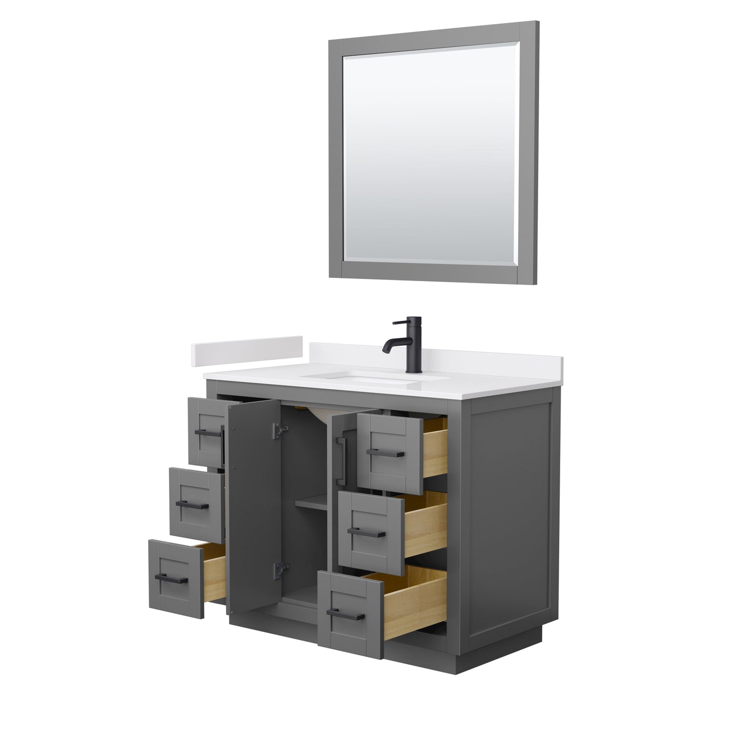 Miranda 42" Single Vanity in Dark Gray, White Marble Top, Black Trim, 34" Mirror