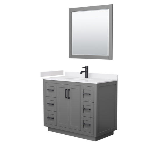 Miranda 42" Single Vanity in Dark Gray, White Marble Top, Black Trim, 34" Mirror