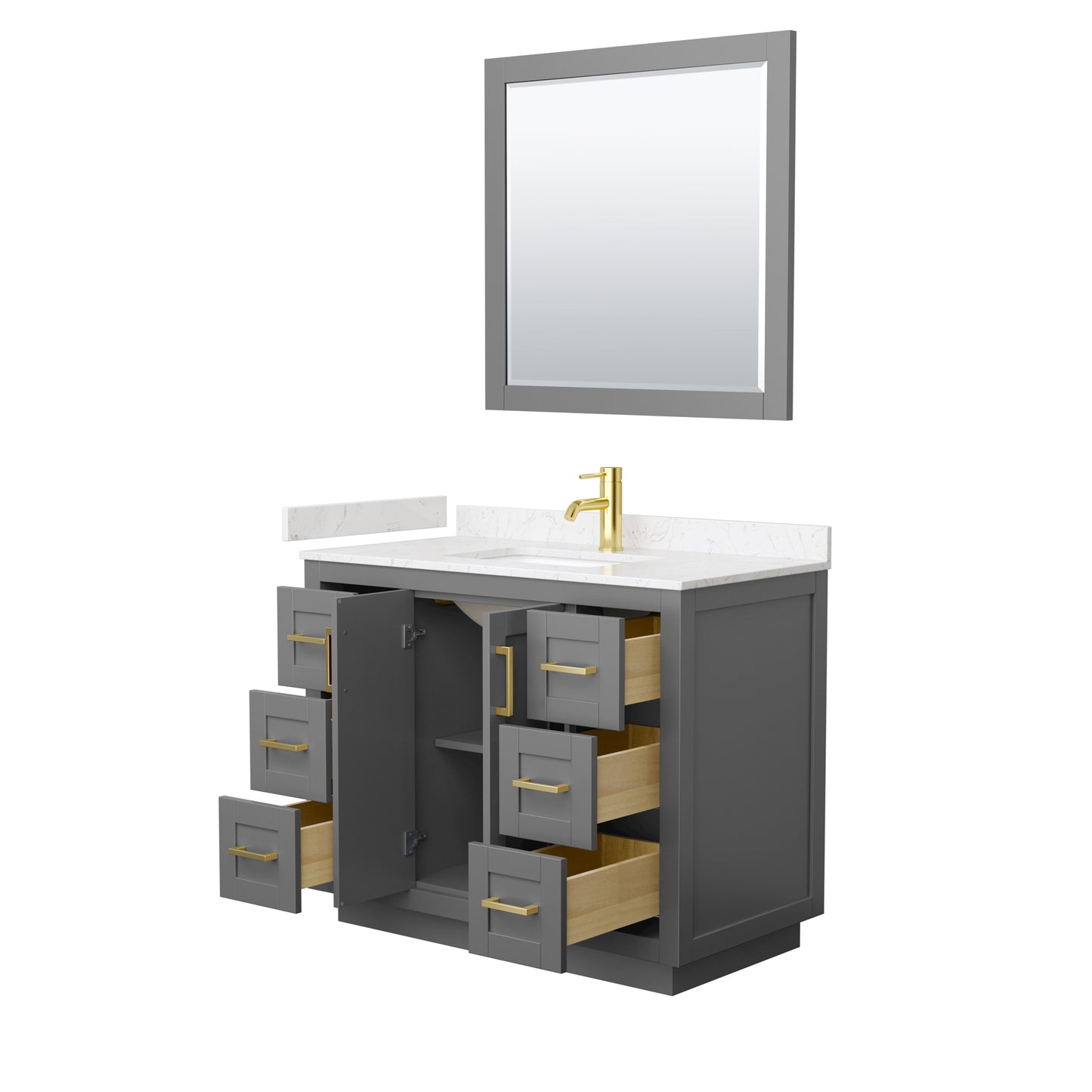 Miranda 42" Dark Gray Single Vanity, Carrara Marble Top, Gold Trim, 34" Mirror