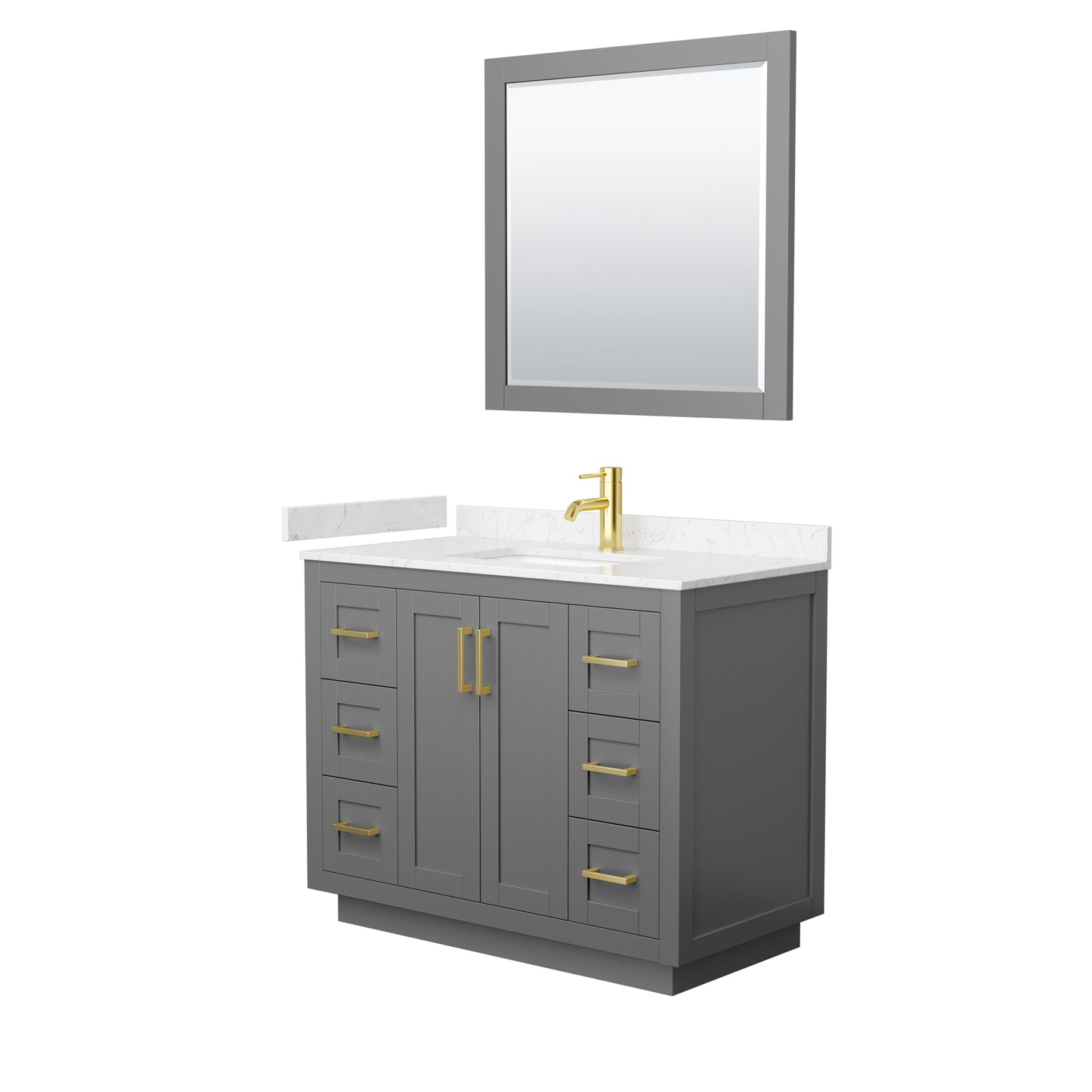 Miranda 42" Dark Gray Single Vanity, Carrara Marble Top, Gold Trim, 34" Mirror